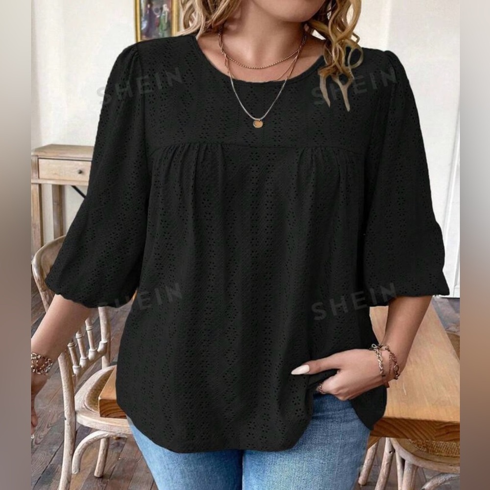 Eyelet Embroidery Lantern Sleeve Tee
